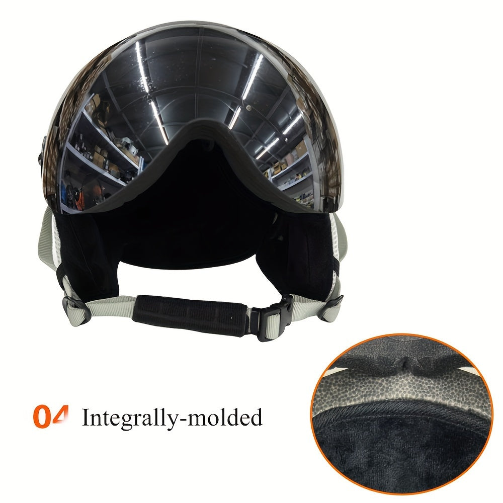 Moon Ski Helmet with Goggles offers all-around protection for outdoor sports like snowboarding and skateboarding. Features include a PC+EPS construction, universal fit, integrated visor