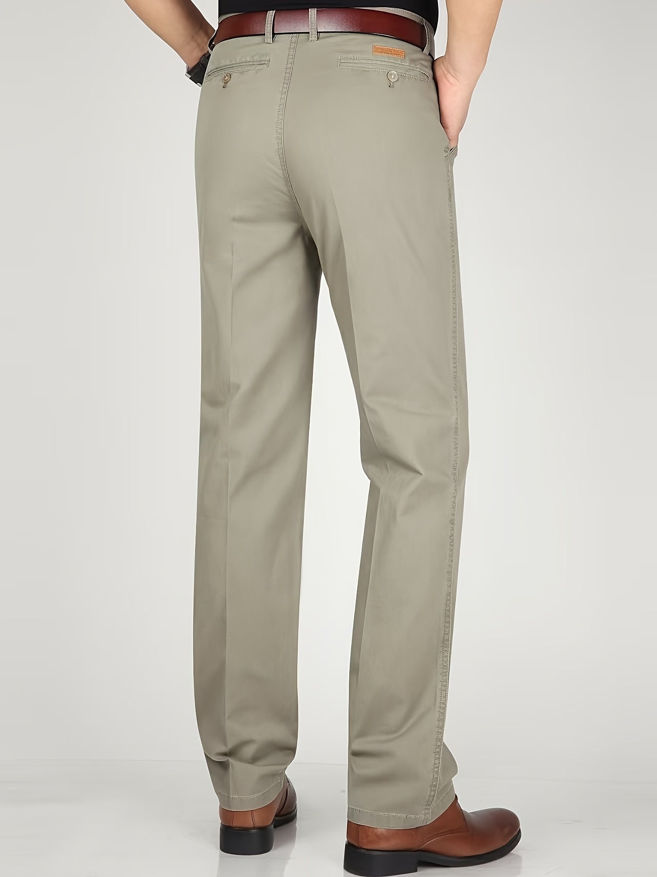 Men's solid straight leg business slacks with versatile draping, light business style.