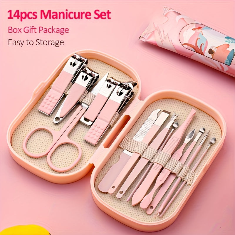 Modern 14pcs stainless steel nail and foot care tools set in portable storage box. Includes nail clippers and shaping tools. Unisex, fragrance-free, lightweight. No electricity or batteries