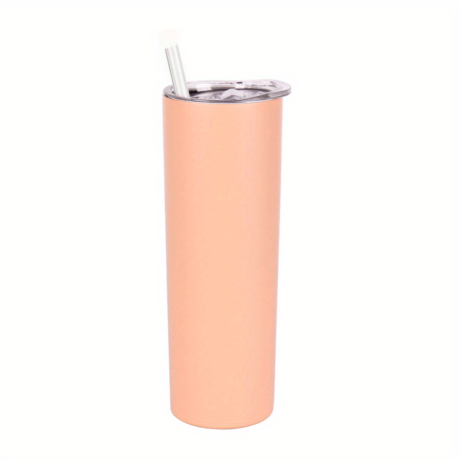 20oz skinny tumbler with stainless steel double wall and vacuum insulation, includes lid and straw.