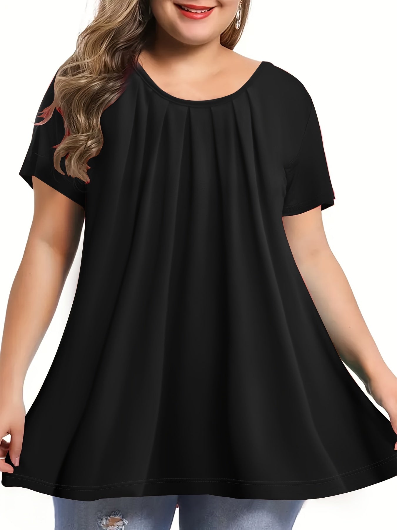 Loose-fitting round neck top for plus-size women.