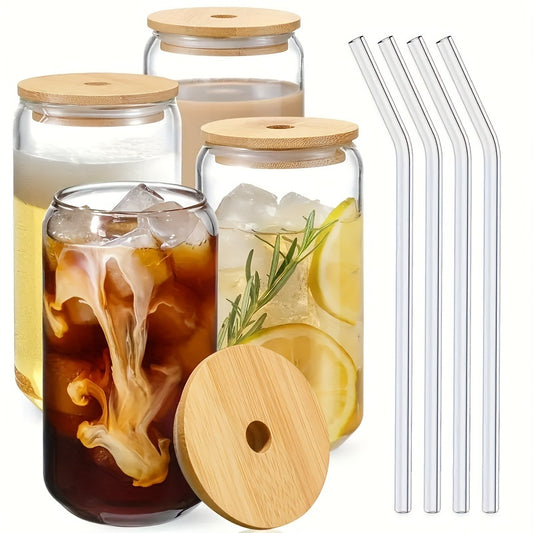 Set of drinking glasses with bamboo lids and glass straws; 16oz can shaped cups for beer, iced coffee and cocktails. Ideal gift for whiskey lovers.