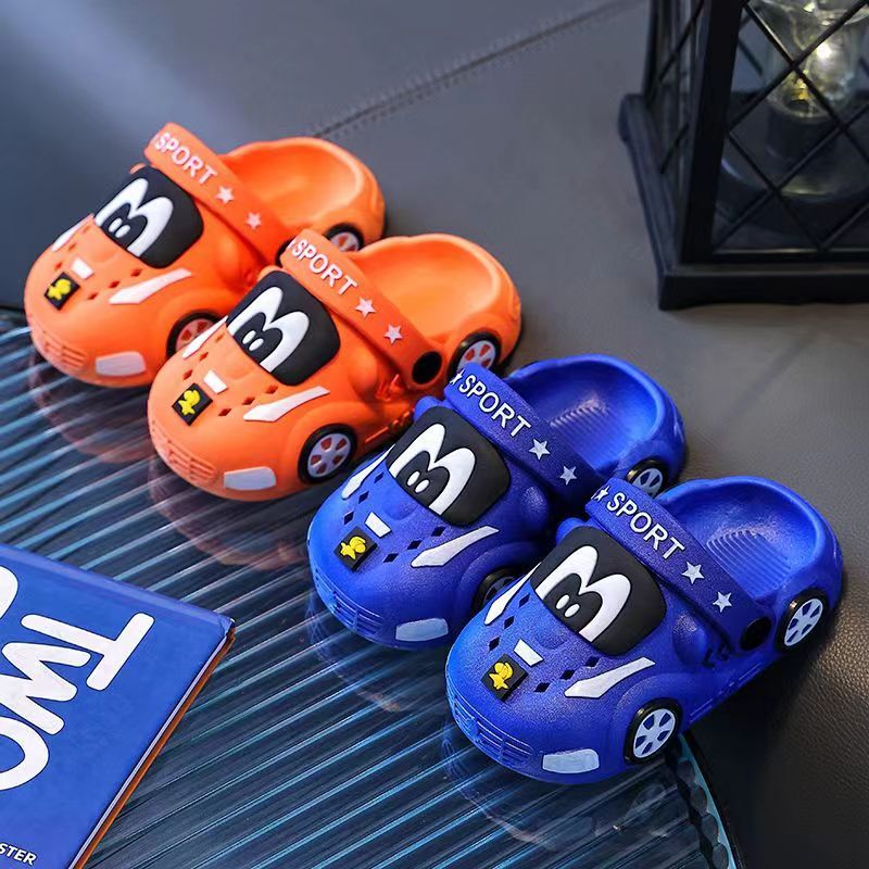 Kids Cartoon Car Slippers: Soft PVC indoor/outdoor clogs for boys and girls ages 14 and under. Slip-on water shoes for infants and toddlers.