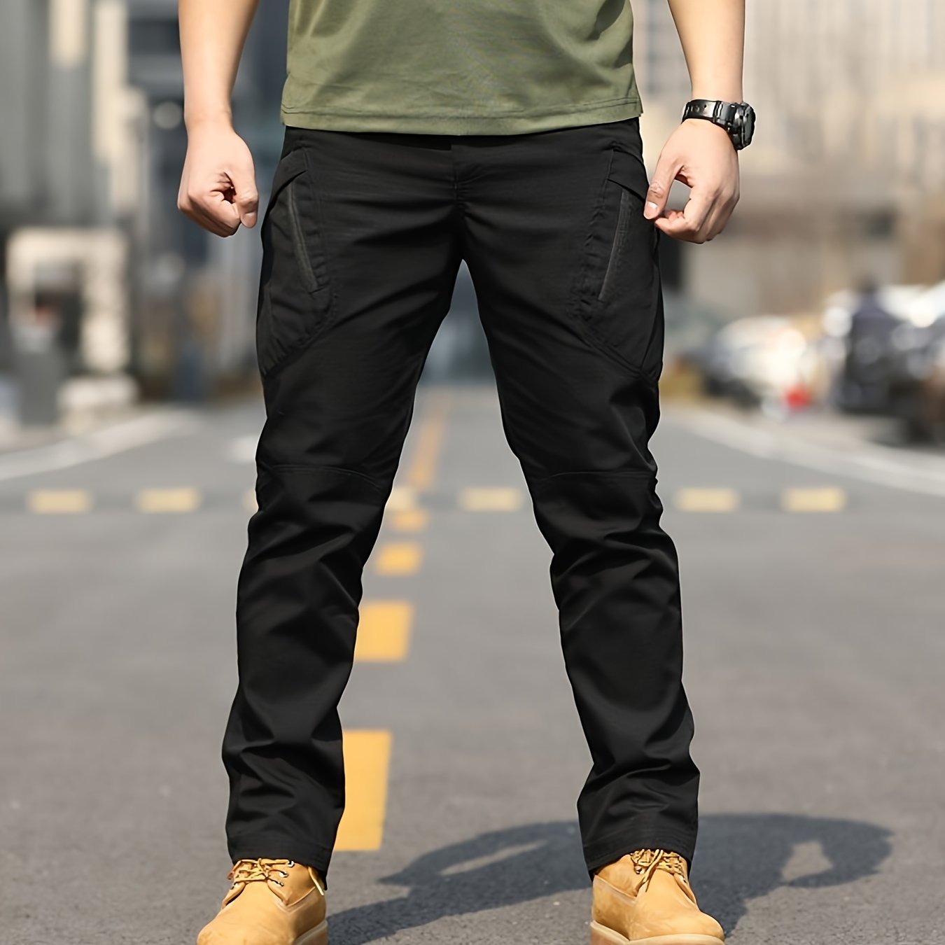 Men's olive green tactical cargo pants made of durable polyester with multiple pockets, perfect for hiking and outdoor adventures. Machine washable and ideal for camping gear.