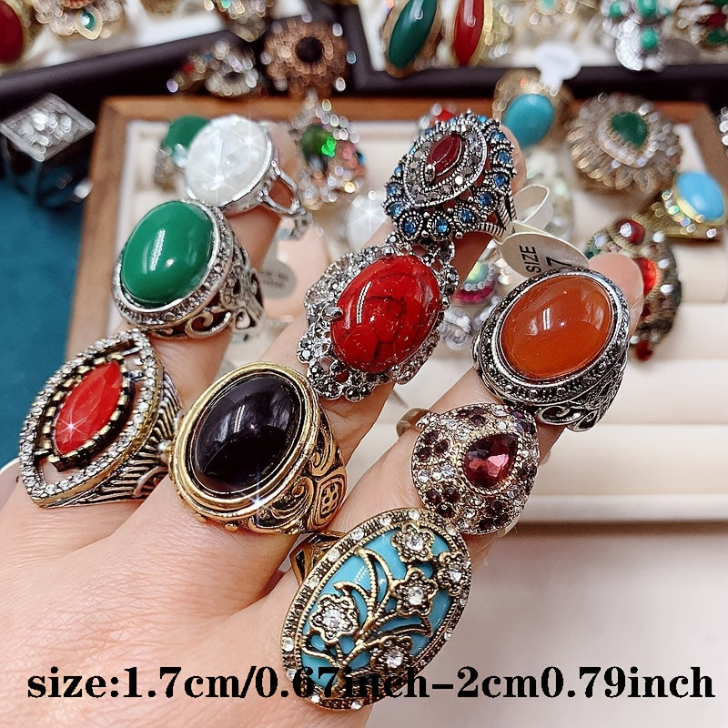 Set of 10 Vintage Exaggerated Synthetic Turquoise Alloy Rings in Luxury Ethnic Style. Each pair features heart-shaped design with synthetic stone and alloy material. No power required. Perfect for parties, weddings, Valentine's Day, and everyday wear.