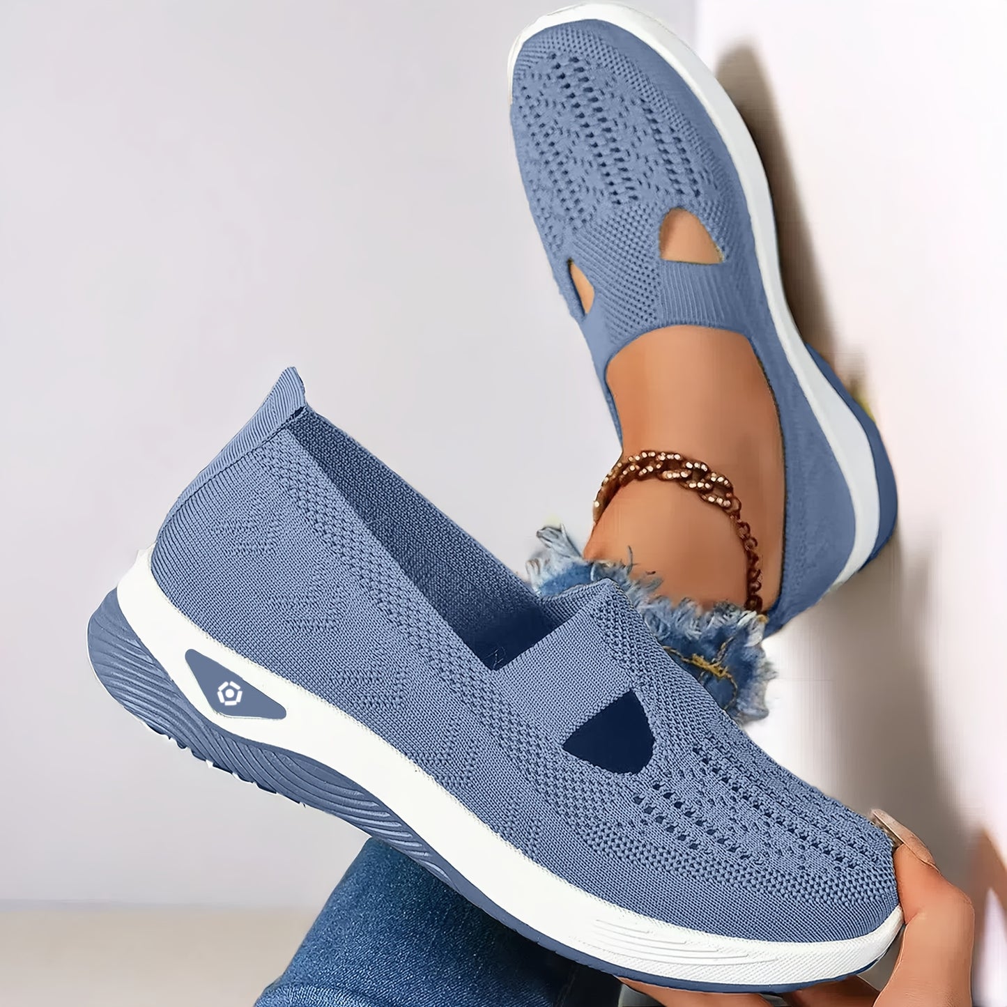 Lightweight and stylish knit sneakers for women in red, beige, green, blue, black, and purple. Features a cut-out design for breathability and a flexible sole for all-season wear.