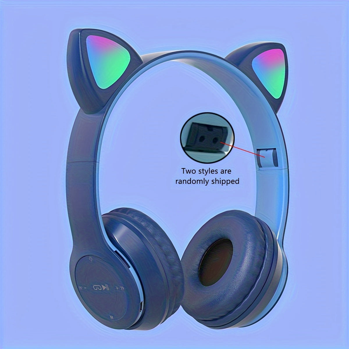 Wireless LED headphone ear muffs with foldable design, volume control, and rechargeable battery for various devices.