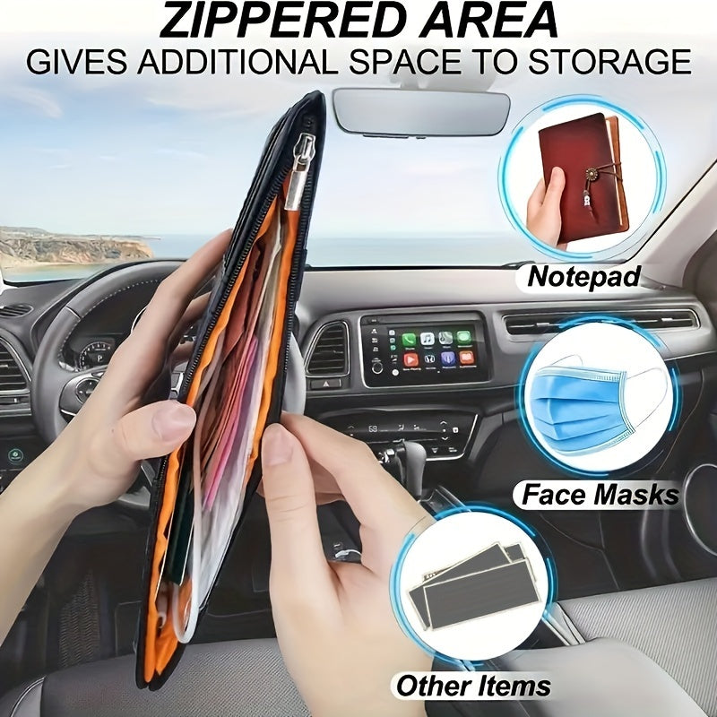 Car sun visor storage box with multiple functions: sunglasses organizer, card pouch, interior accessory.