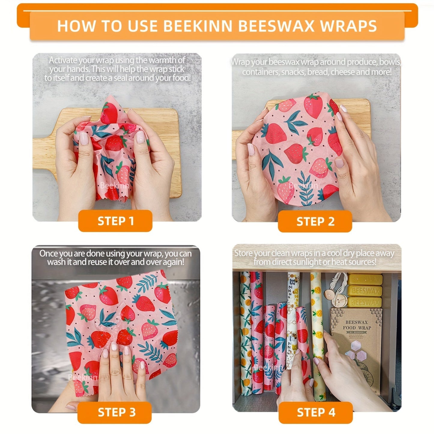 3-piece Beekinn Beeswax Reusable Food Wraps in Abstract Curves Pattern - Sustainable, Zero Waste Food Storage Solution