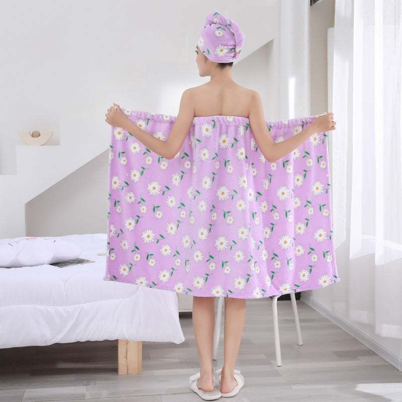 1 Bath Skirt & Hair Towel set made of coral velvet material for women, highly absorbent and wearable. Perfect for drying hair after shower or sauna.