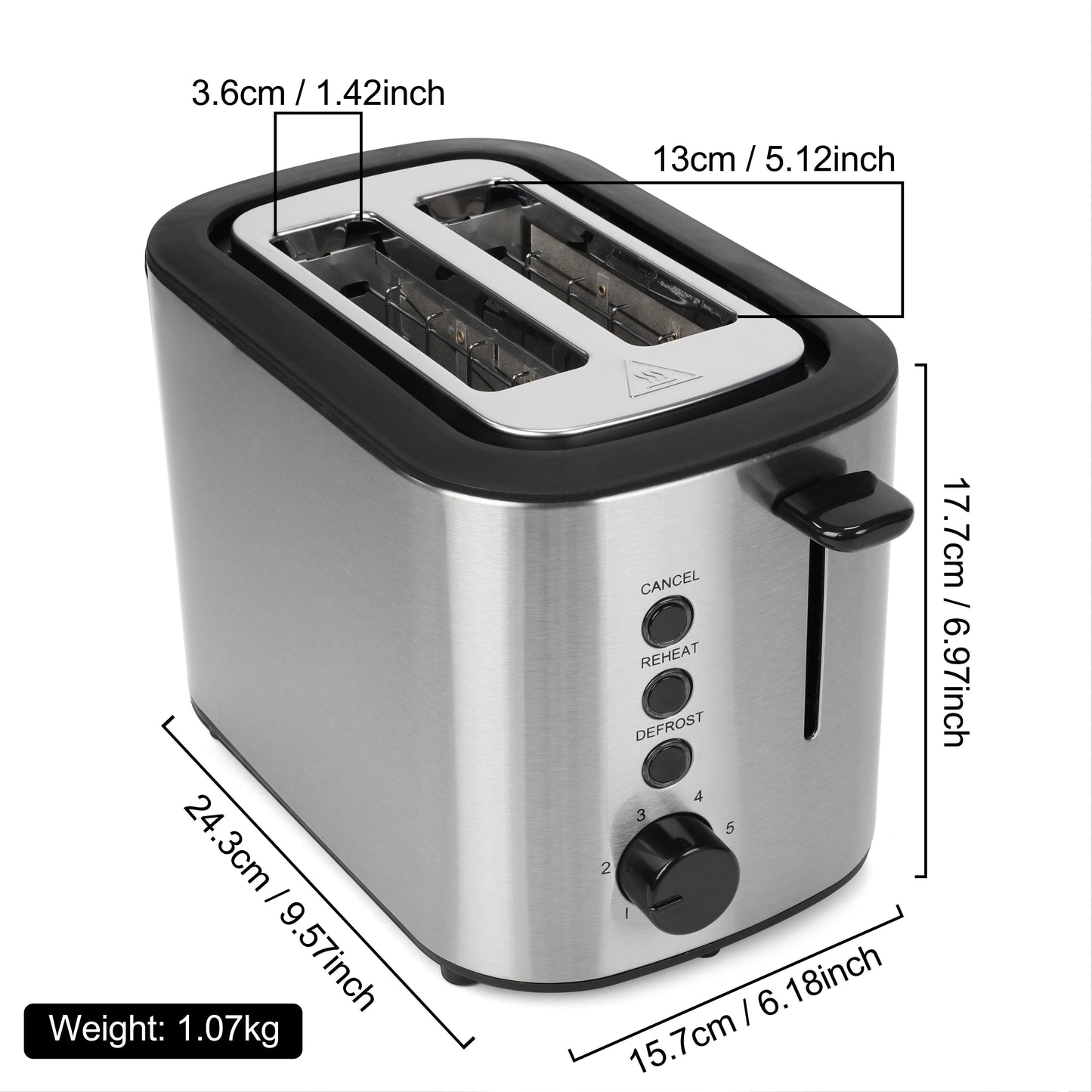 Stainless Steel Toaster with 2 Slices and Anti-Fingerprint Finish, 6 Shade Settings, Cancel/Defrost/Reheat Functions, Removable Crumb Tray, Anti-Jam Feature, Self-Centering Slots, High-Lift Lever, Cord Storage, Food Clip, Silicone Dust Cover.