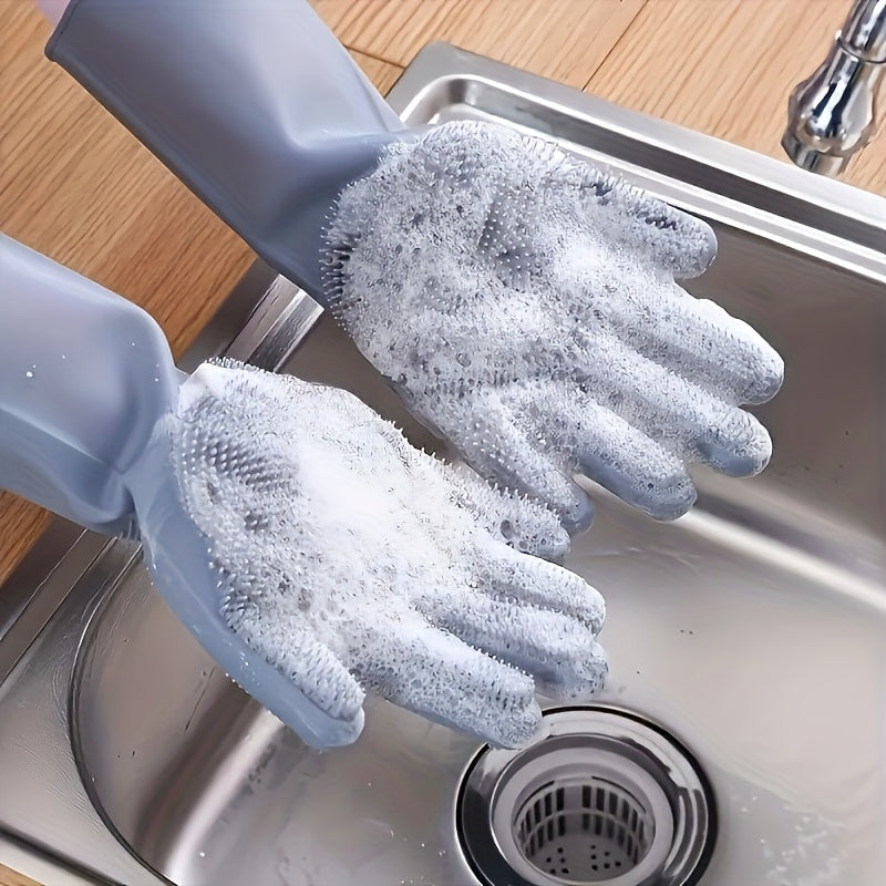 One set of Silicone Dishwashing Gloves with a built-in scrub brush - Waterproof and Heat-Resistant, Lead-Free, Perfect for Cleaning Kitchen, Bathroom, Floors, Furniture, and Glass, in Gray color.