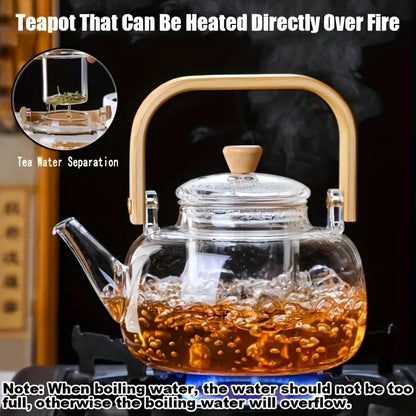 Glass teapot with bamboo handle and removable infuser, 34oz capacity. Made of heat-resistant clear borosilicate glass. Ideal for brewing loose leaf tea.