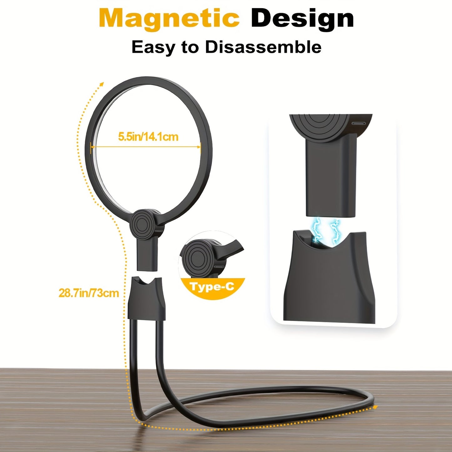 1pc Hands-Free Lighted Magnifier with Neck-Wearable Large Lens and LED Illumination, ideal for reading, sewing, and cross-stitching, featuring Type-C magnetic design.