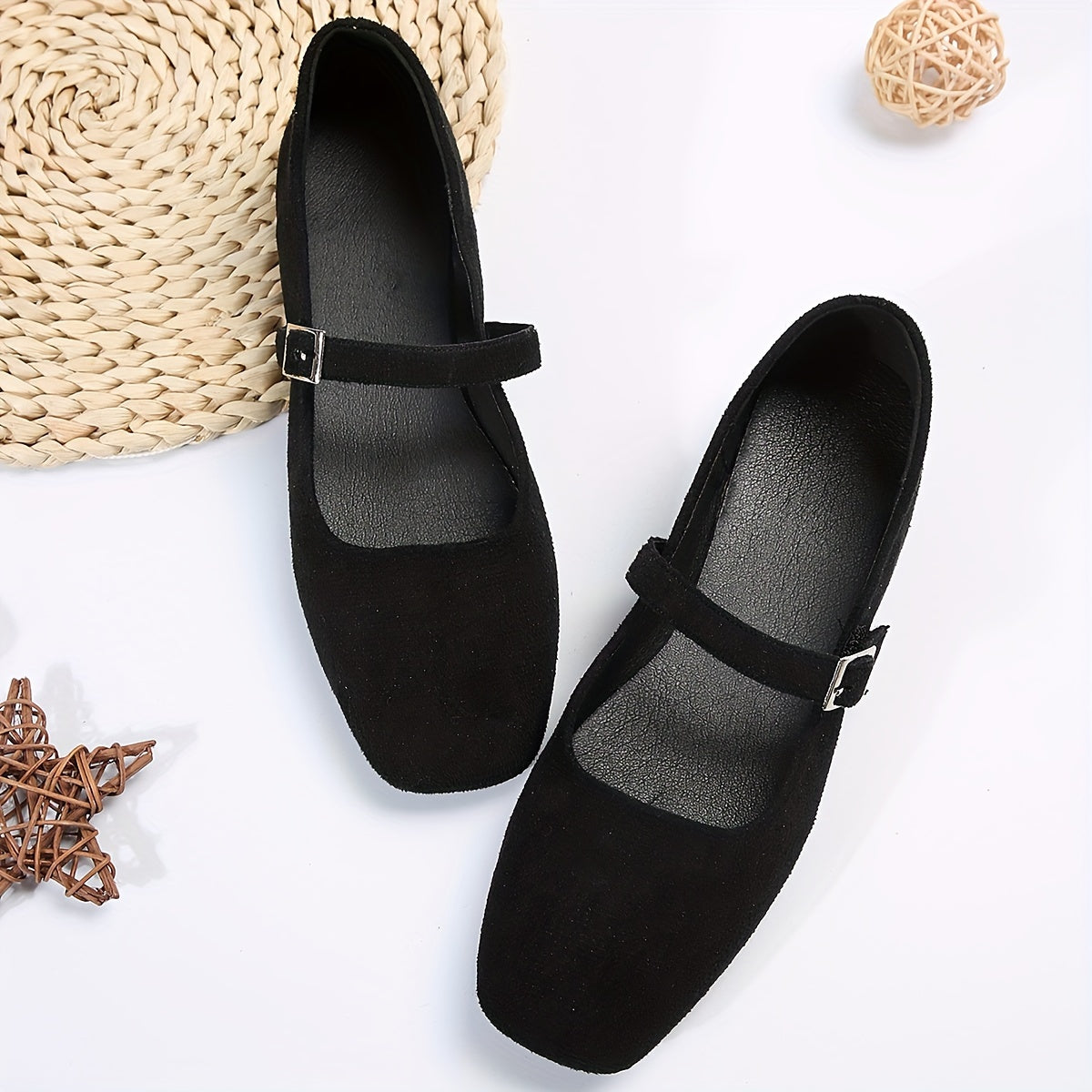 Women's comfortable solid colored flat shoes with square toe and buckle strap.