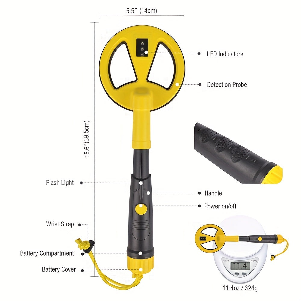 Underwater metal detector with LED & vibration alerts, ideal for diving & snorkeling, batteries not included.