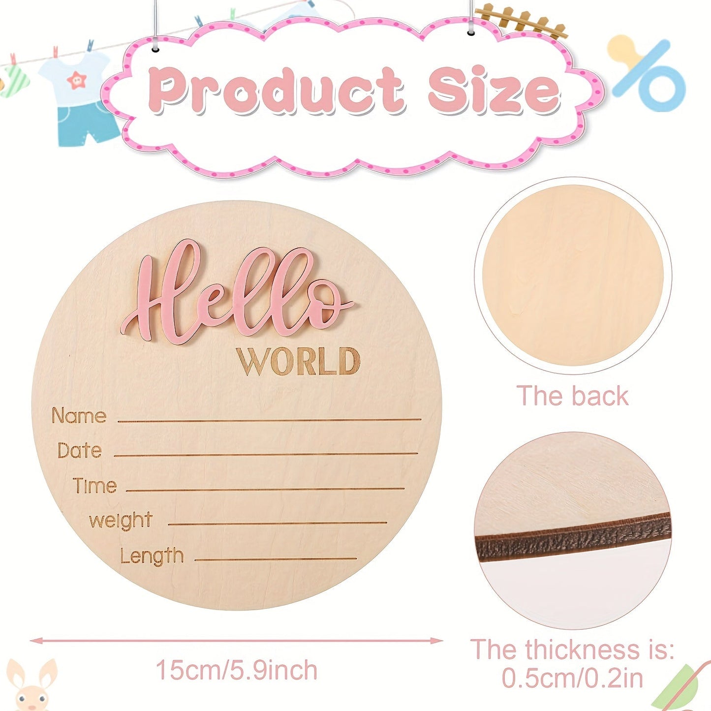 Personalized Wooden "Hello World" Plaque Welcome Sign - 14.99 cm, includes Name, Date, Time, Weight, Length Details for Birth Announcement. Perfect for Nursery, Hospital, Daycare Decor. Suitable for Ages 14 and Up.