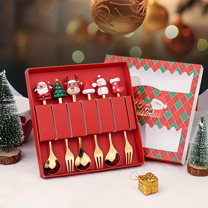 Christmas fork and spoon set, 4/6 pieces stainless steel tableware for Christmas party decoration. Gift set includes coffee, tea, and dessert forks and spoons.