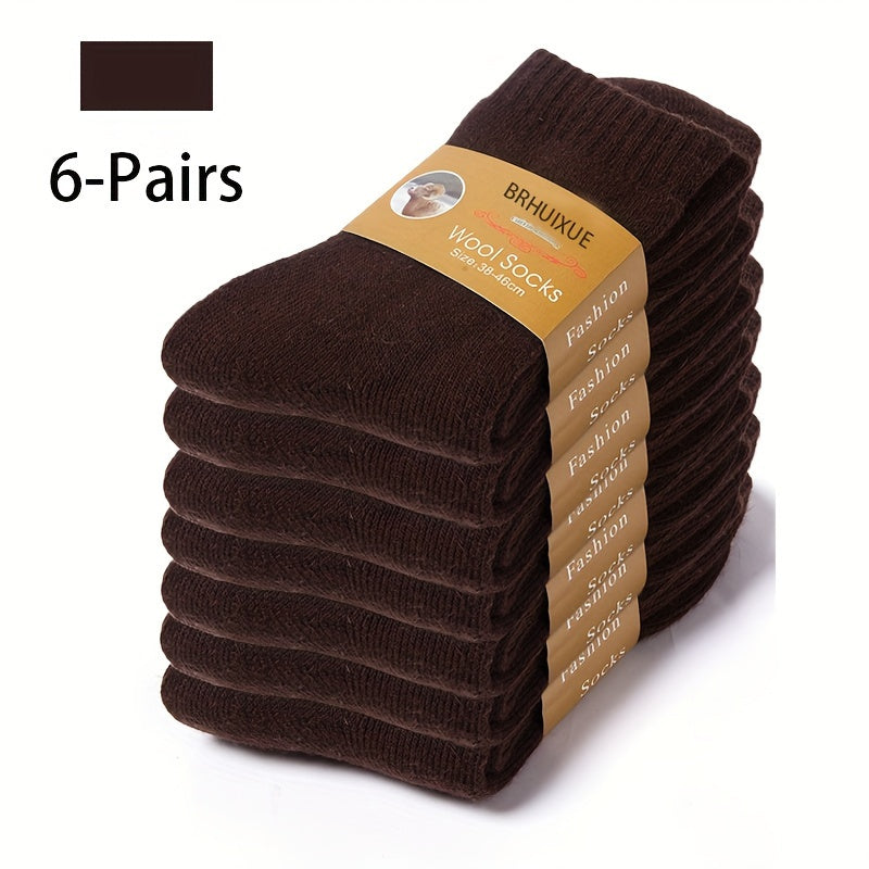 6 pairs of men's wool knit crew socks for autumn/winter, soft, warm, and breathable.