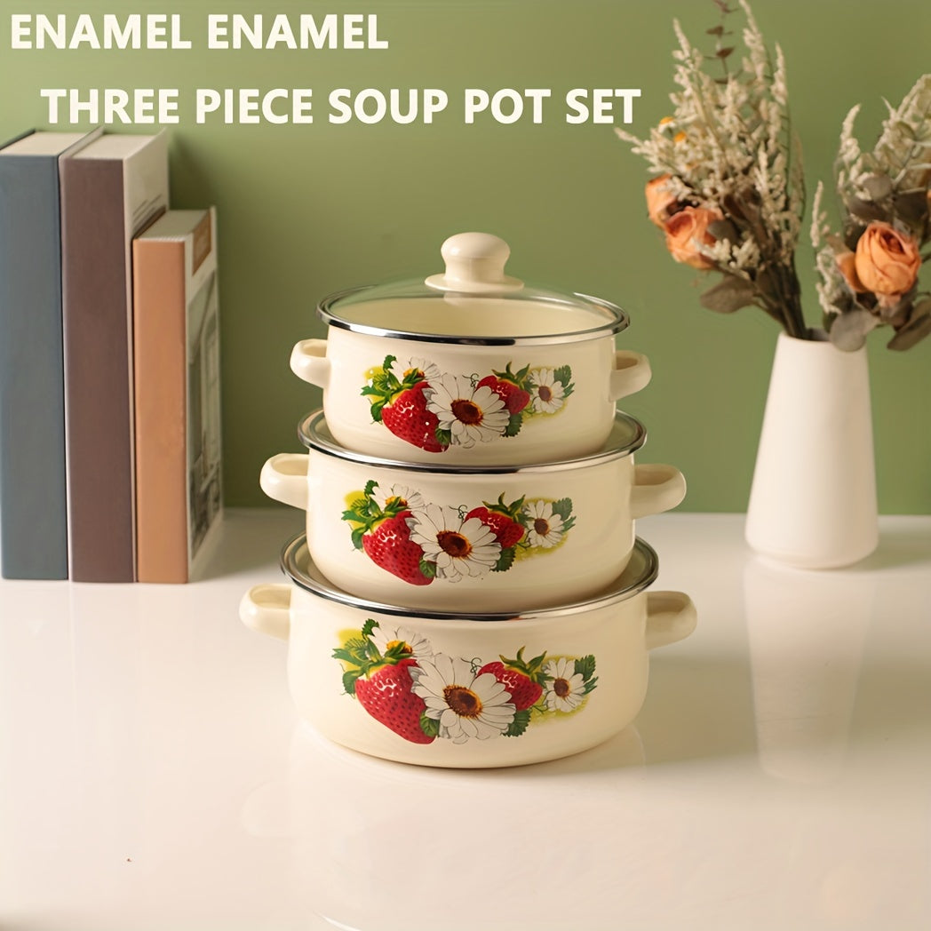 Three-piece multifunctional enamel set including a pot, boiling pot, and soup pot. This versatile set is perfect for use in restaurants, home kitchens, outdoor cooking, and on gas or electric stoves.