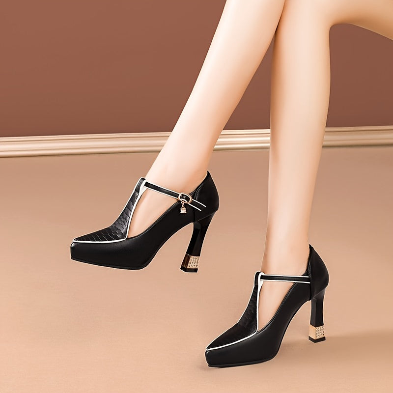 Women's Elegant Black Faux Cover Pointed-Toe Pumps with Rhinestone Buckle, High Block Heel Dress Shoes for Spring.