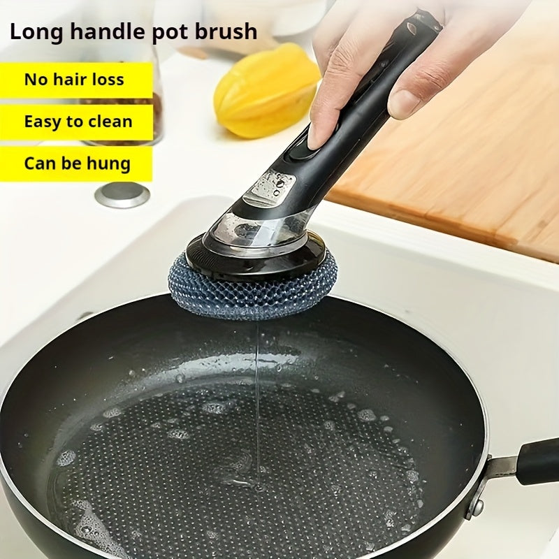 Pot brush with handle, featuring a soap dispenser and non-electric design. This plastic kitchen brush is perfect for cleaning pans and bowls, with an easy-to-clean steel wool brush included for non-stick pans and stove sink decontamination.