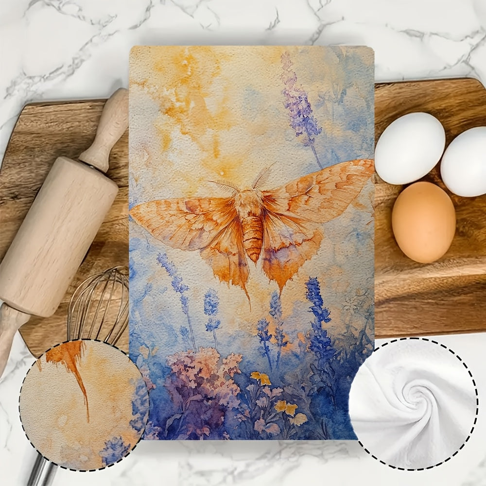 Set of two ultra soft kitchen towels featuring a whimsical moth and floral design. These highly absorbent dish hand towels are machine washable and perfect for contemporary coastal decor. Each towel measures 40.64x60.96 cm.