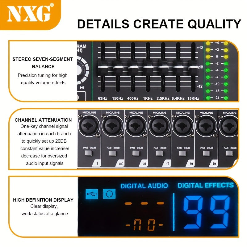 NXG XF8/12/16 Professional Mixer Soundboard with 8/12/16 Channels, USB MP3 Computer Input, 48V Phantom Power, Built-in 99 Reverb Effects, and Recording Function.