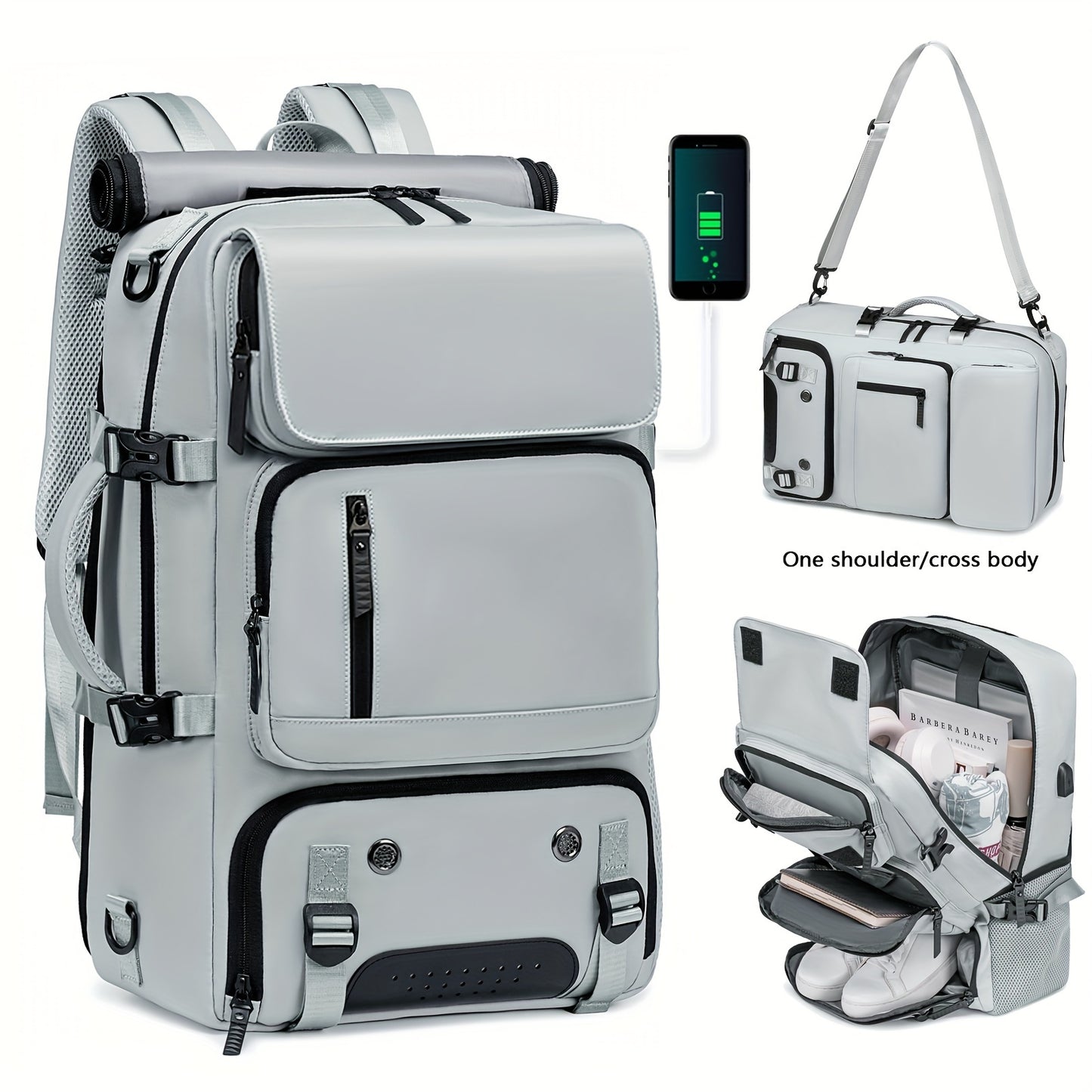 Waterproof 43.94cm laptop backpack set with USB charging port, separate shoe compartment, hand washable polyester street style backpack with sewing thread detail - ideal for business