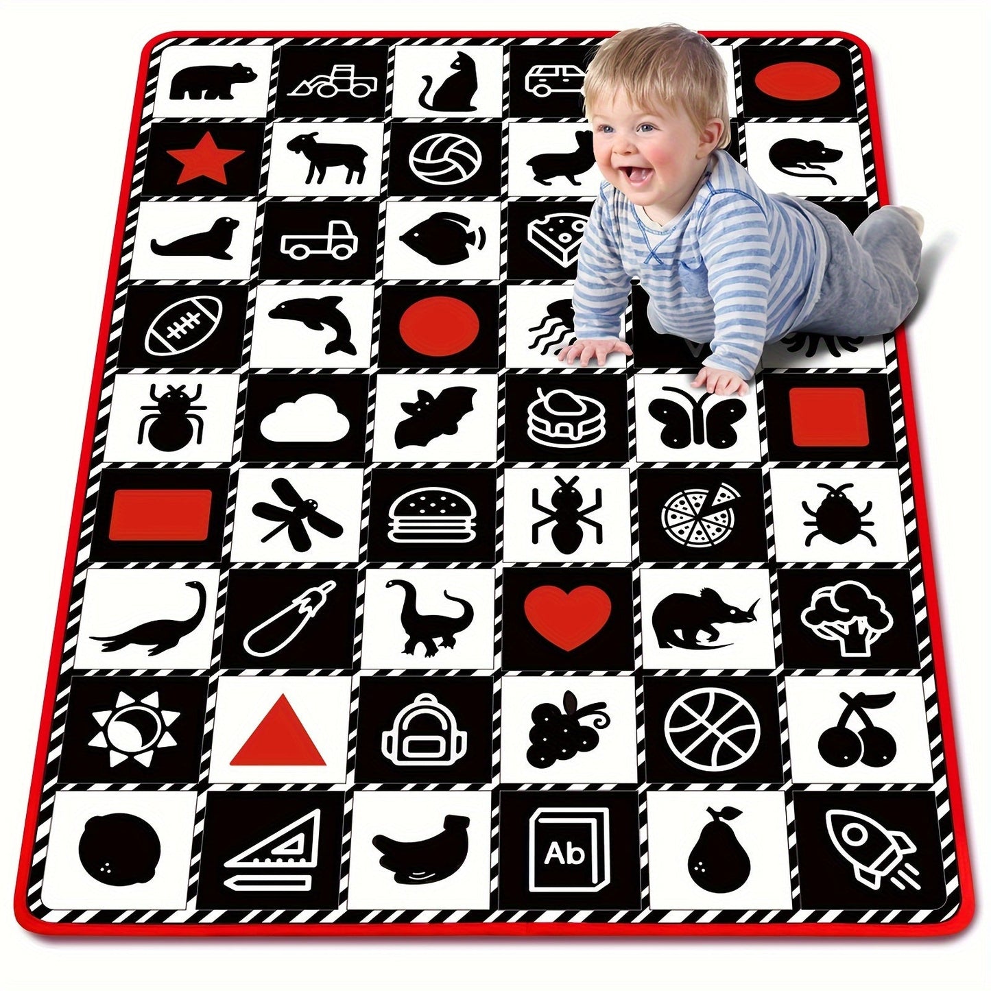 This Large, Thick 0.6cm Floor Mat is Ultra-Soft for Crawling, featuring High Contrast Animal, Fruit & Vehicle Designs. Ideal for Tummy Time, Learning, and Play. In Black & White, with Shapes Toy included. Perfect for Play Mats.