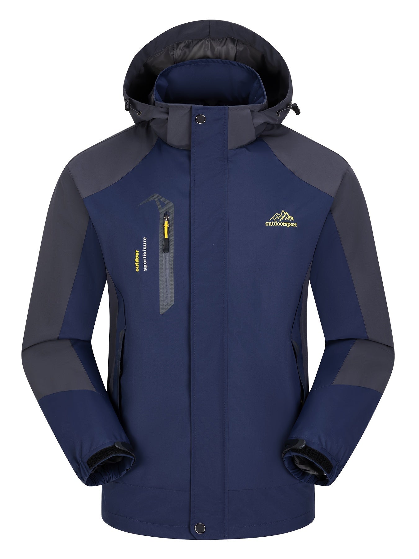 Windproof hooded softshell jacket for men, ideal for hiking and camping with multiple pockets.