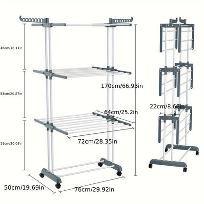 The 4-Tier Stainless Steel Clothes Drying Rack is roomy and foldable, featuring a removable hanger. Designed for easy assembly and perfect for both indoor and outdoor use. This rack is ideal for efficiently airing out clothes and shoes, doubling as a