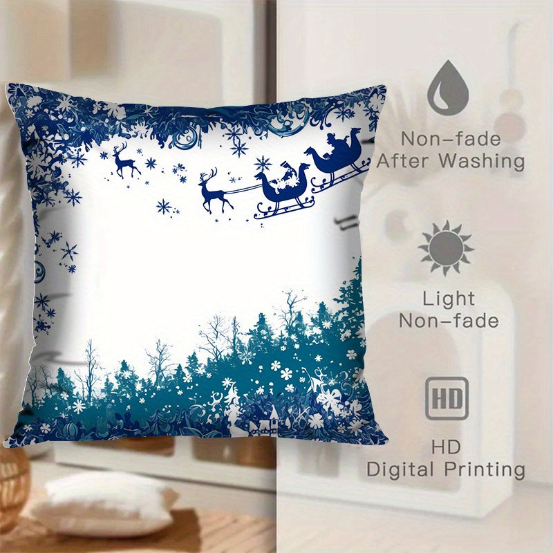 Set of 2 Festive Blue Merry Christmas Throw Pillows, measuring 45.72x45.72 cm each. Made of soft polyester, these square cushion covers do not include inserts. Perfect for decorating your living room, bedroom, or car. Pillows are washable for easy care.