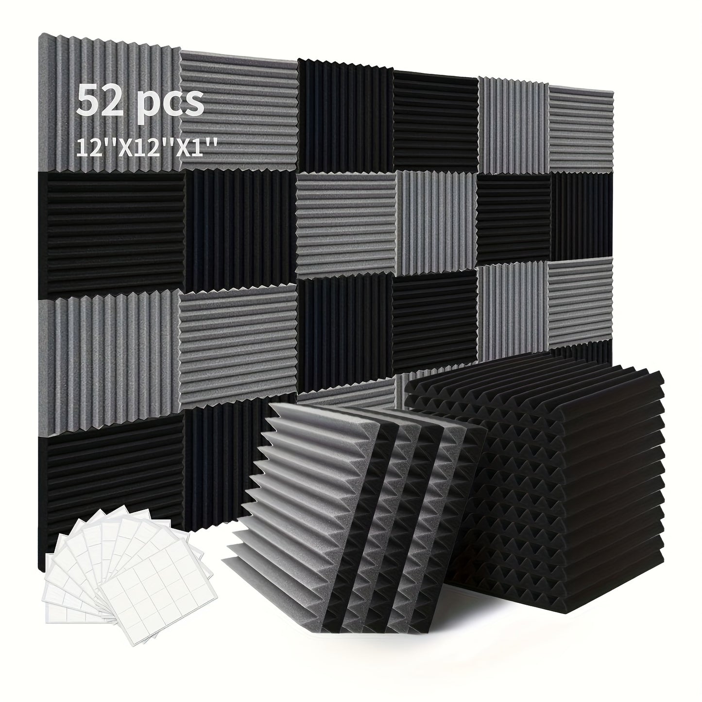 52 acoustic foam panels, 2.54cm X 30.48cm X 30.48cm, fire resistant with double-sided adhesives for soundproofing studio.