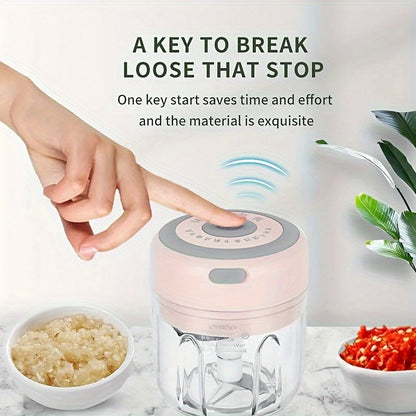 The handheld wireless garlic grinder is a mini electric food chopper with a 250ml capacity. It is portable and rechargeable via USB, made of plastic and suitable for blending fruits, vegetables, onions, nuts, and meat. The chopper operates automatically