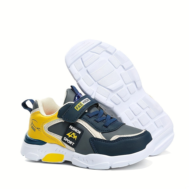 Boys' breathable athletic shoes with hook-and-loop fastening, non-slip sole, and casual running style in blue/yellow/white for all seasons.