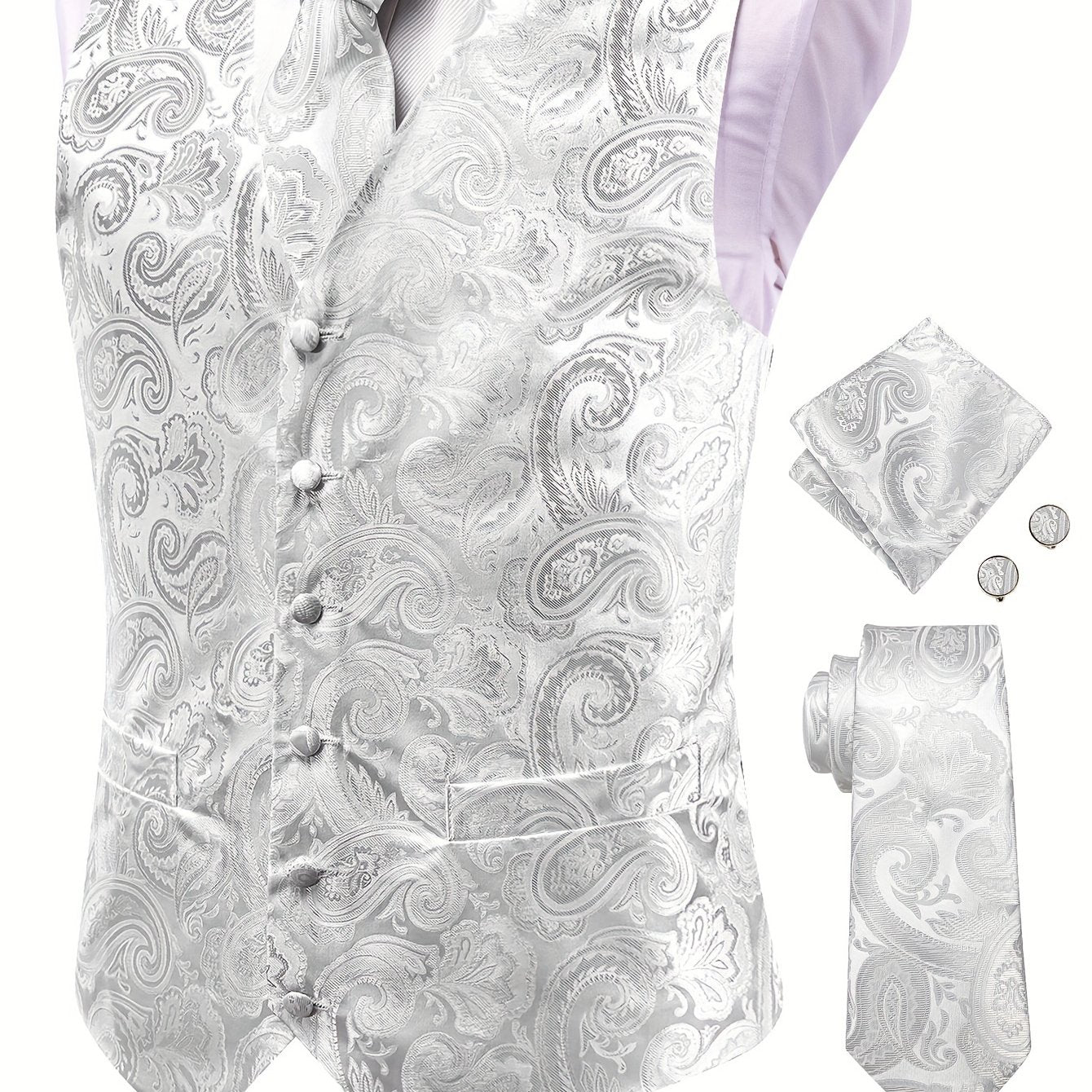 White paisley pattern accessories for big men: waistcoat, necktie, hanky, and cufflinks