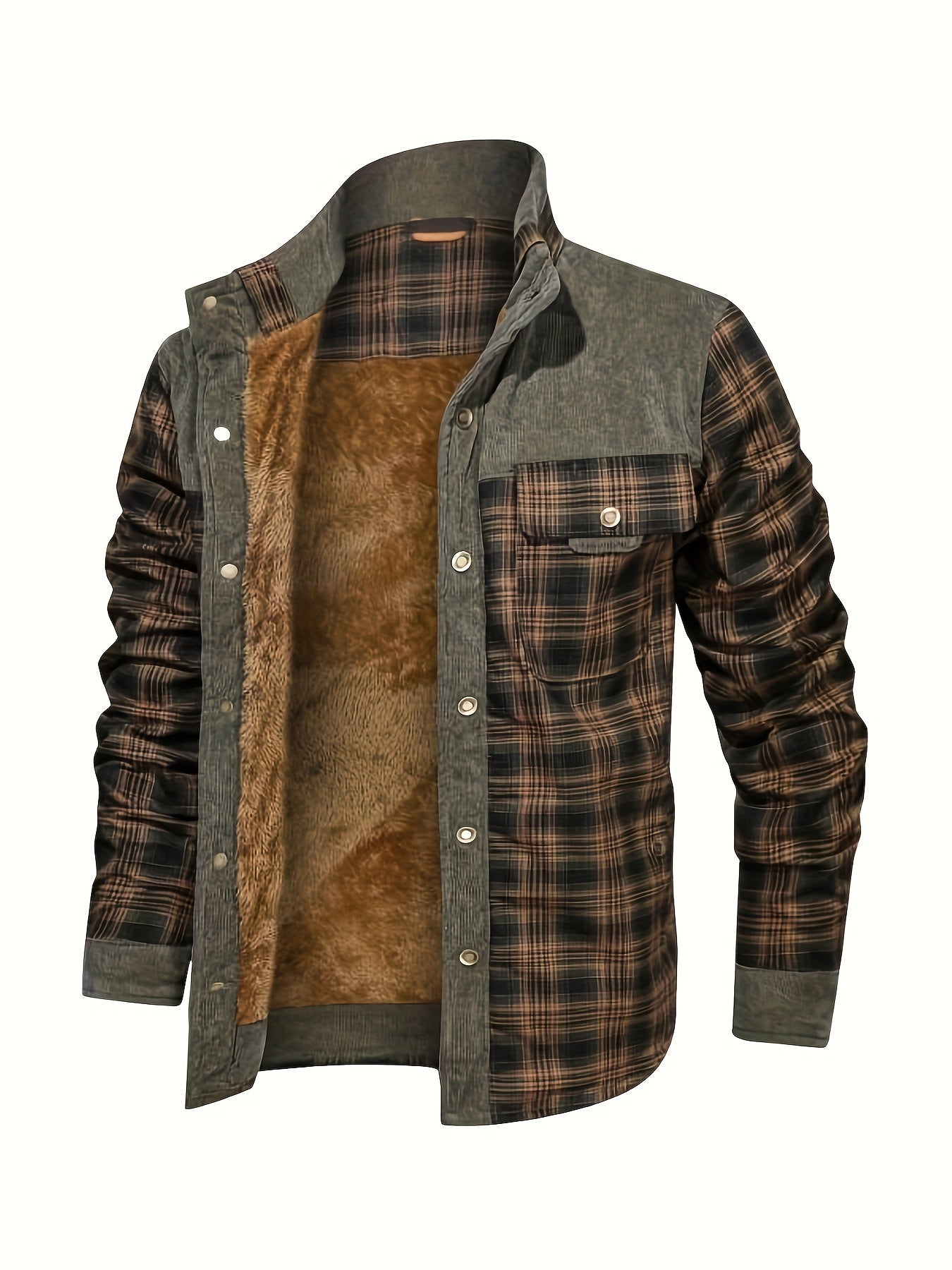 Men's Plaid Fleece-Lined Jacket - Button-Up Shacket, Fall/Winter Long Sleeves, Brown & Gray