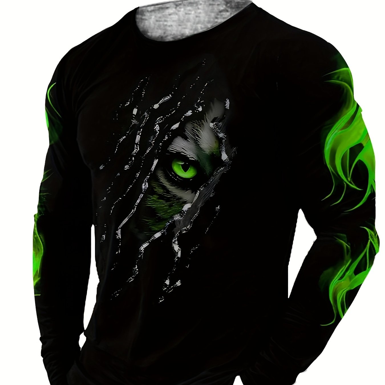 Men's slim fit long sleeve crew neck t-shirt with green eye and flame design, made of polyester knit with slight stretch and featuring animal pattern graphic tee.