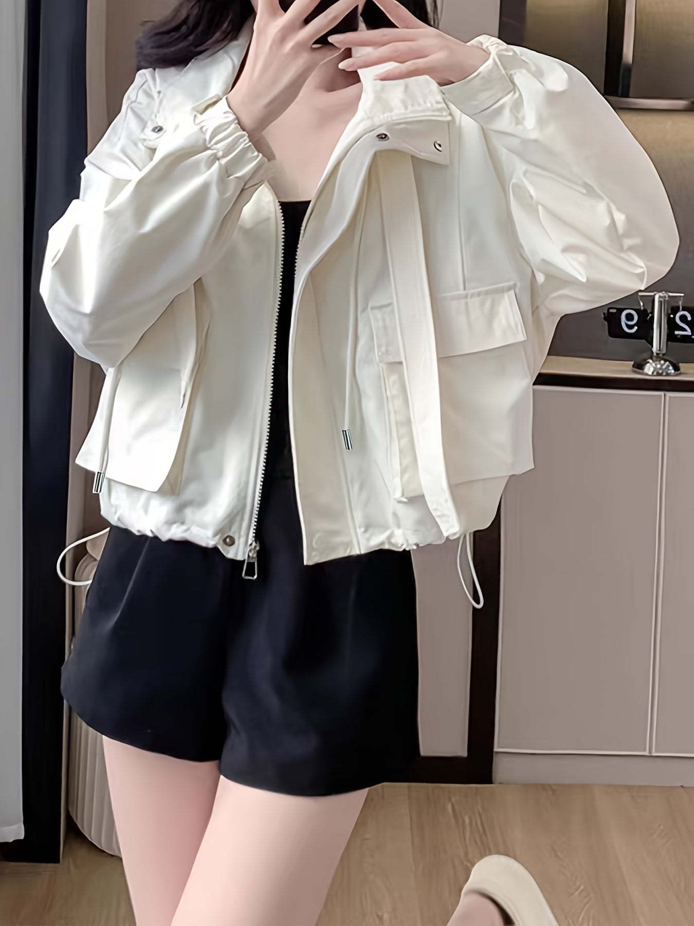 Women's casual polyester windbreaker jacket with pockets, solid color knit fabric, fashionable lightweight trench coat for Spring/Fall 2024.