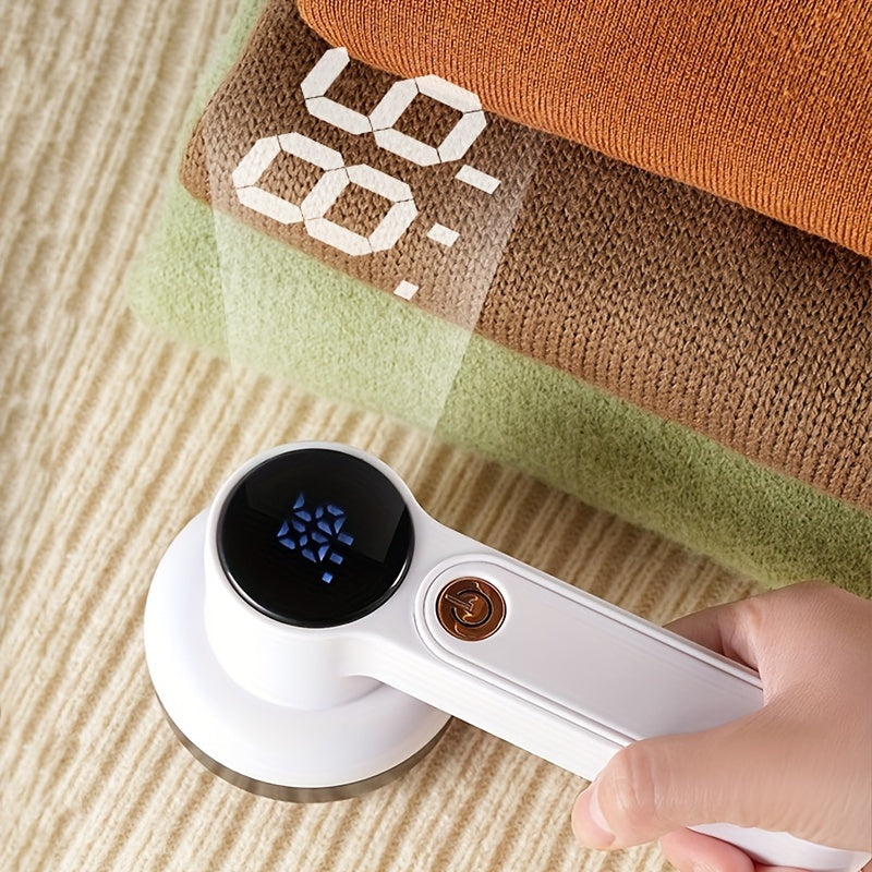 Lint remover with USB rechargeable battery, LED display, and 2 speeds for clothing and furniture.