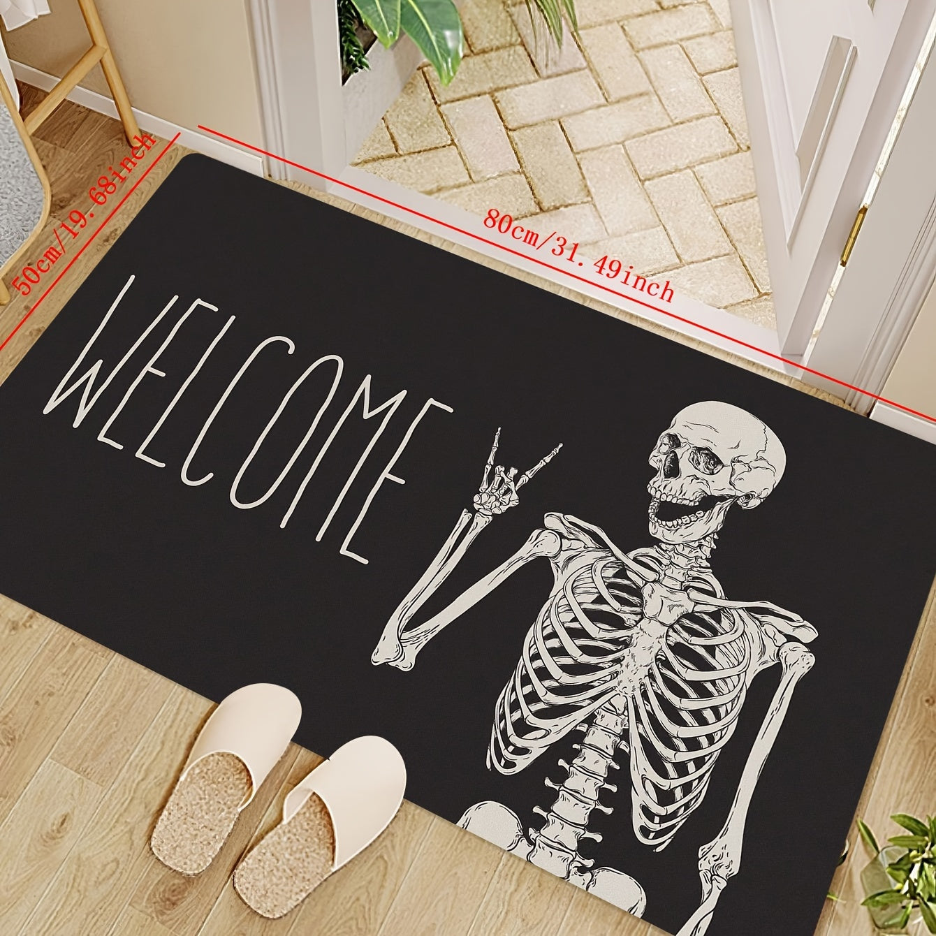 Welcome guests with this Halloween-themed Skull Doormat, designed for both indoor and outdoor use. This non-slip rug is easy to clean, stain-resistant, and low pile for safe and convenient use. Made of polyester and weighing under 700g/m², this festive