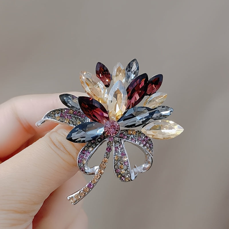 Chic Retro Crystal Floral Brooch, Multicolored Glass Statement Pin for Outfits, Unique Irregular Design