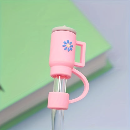 10 flower tumbler straw cover caps for Stanley cups made of silicone, compatible with 30oz and 40oz tumblers with handle. Covers have a 10mm (0.4in) straw tip.