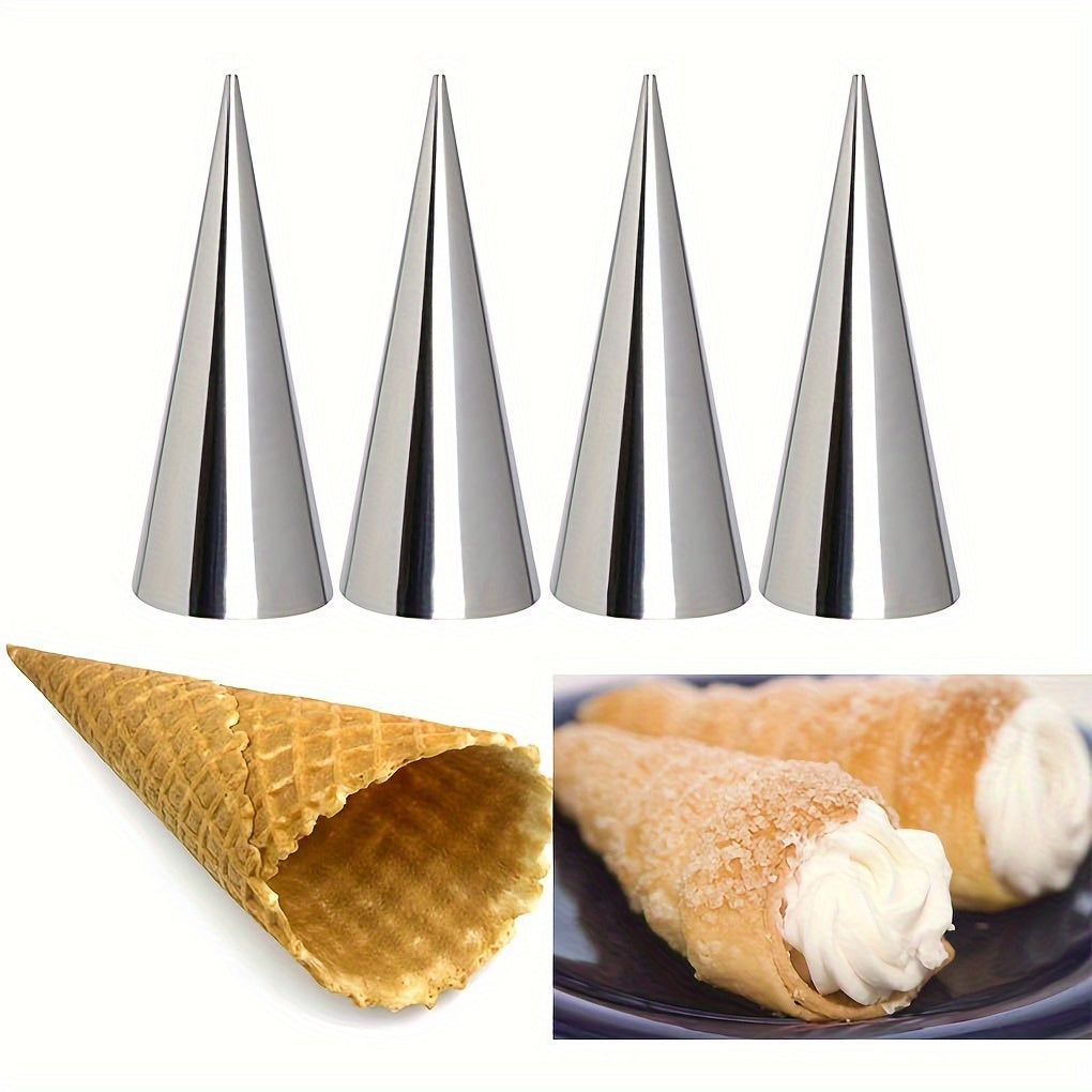 Set of 30 stainless steel cone-shaped molds for making croissants, cannolis, cream rolls, puffs, waffle cones, and more baking supplies and kitchen gadgets.