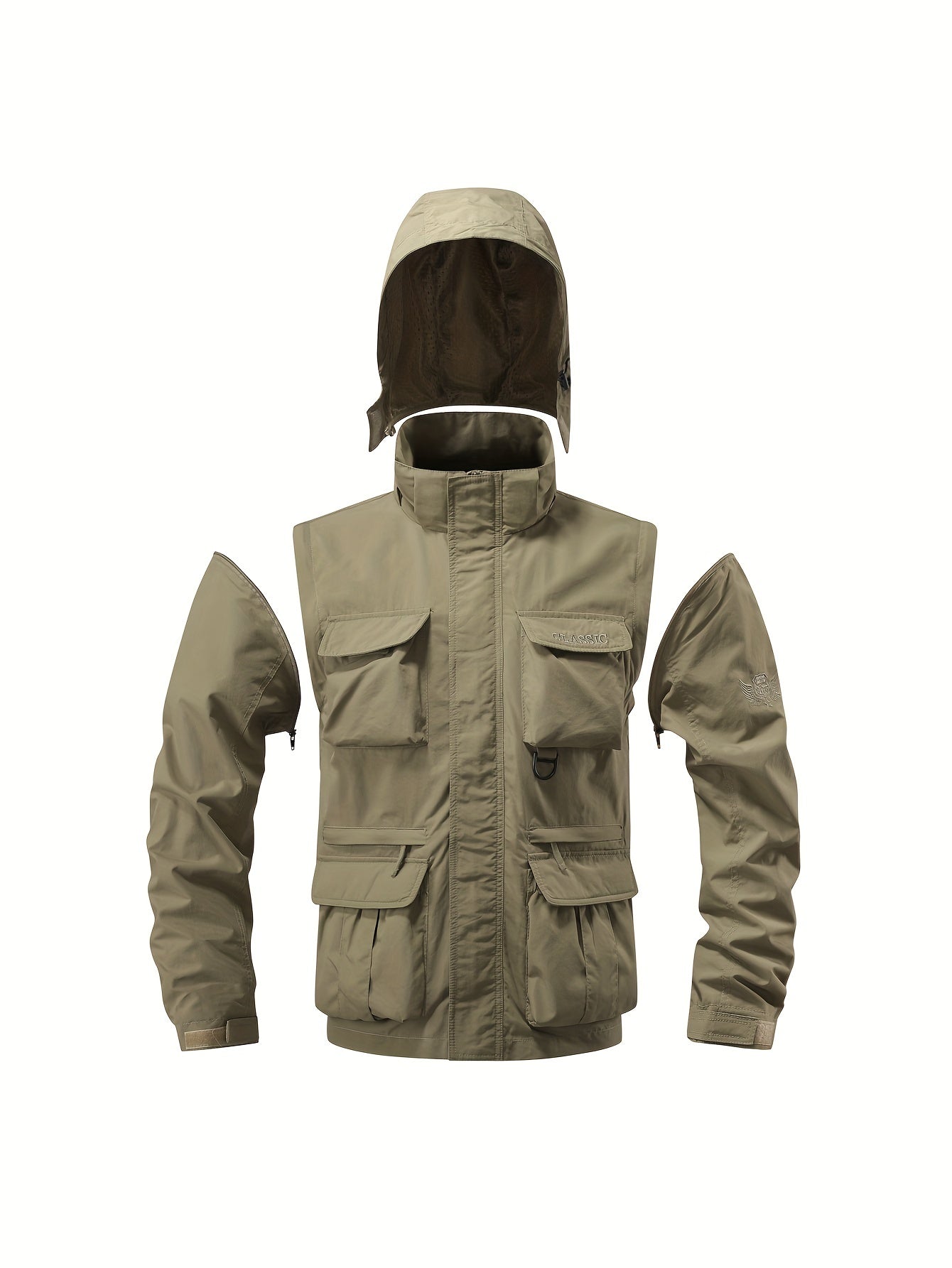 Men's Detachable Windbreaker Hooded Jacket with Multi Pocket Cargo Vest for Outdoor Activities.