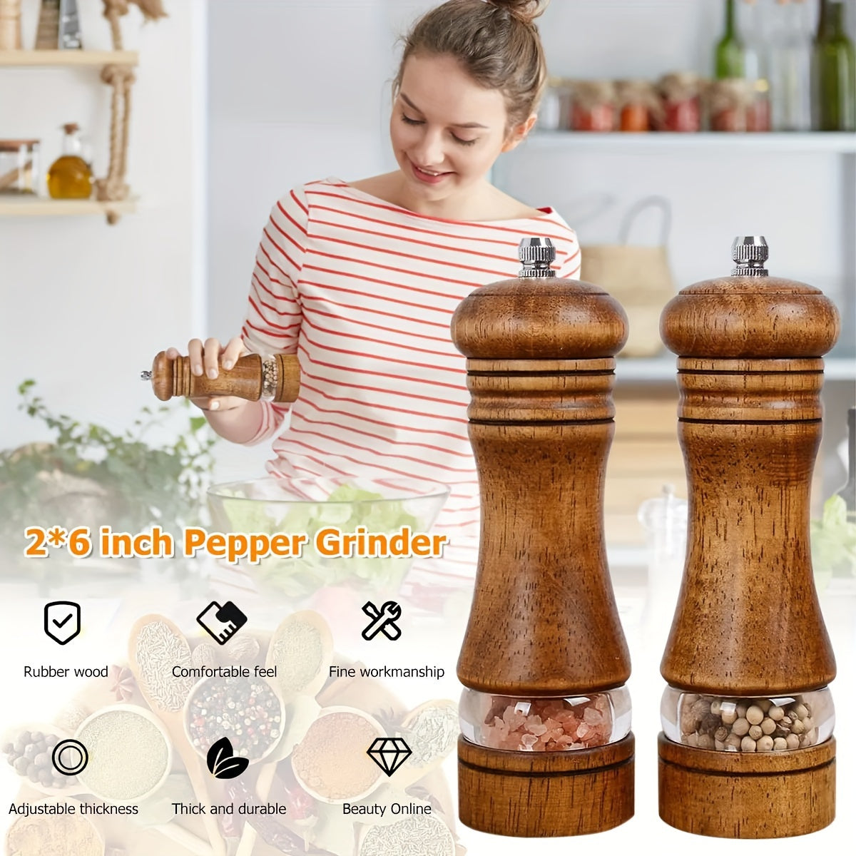 Best Seller: Set of 2 Adjustable Wooden Pepper & Sea Salt Grinders - Manual Spice Mills with Ceramic Core, Ideal for BBQs, Picnics, and Camping - Long-lasting Kitchen Tools, Excellent Valentine's Day Present, Spice Grinder, Refillable Spice Jar, Stylish