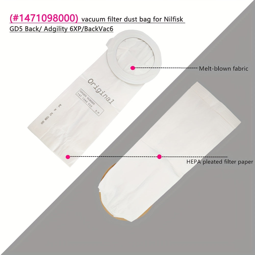 Pack of 1 Nilfisk Vacuum Cleaner Dust Bag and HEPA Filter Set, Compatible with GD5, Adgility 6XP, BackVac6, Made of Paper and Cloth Materials (#1471098000)