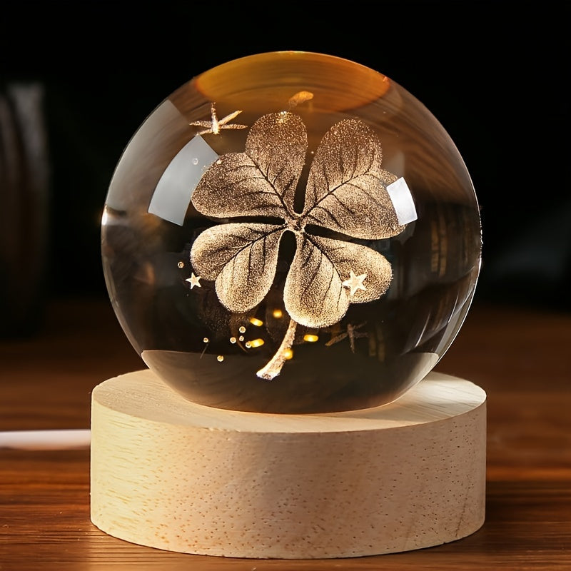 3D crystal ball night light with LED base, USB-powered wooden desk decor. Perfect gift for home, bedroom, birthdays, weddings, Mother's Day. Ideal for girlfriend, wife, mom, or couple. Modern and decorative night lamp.