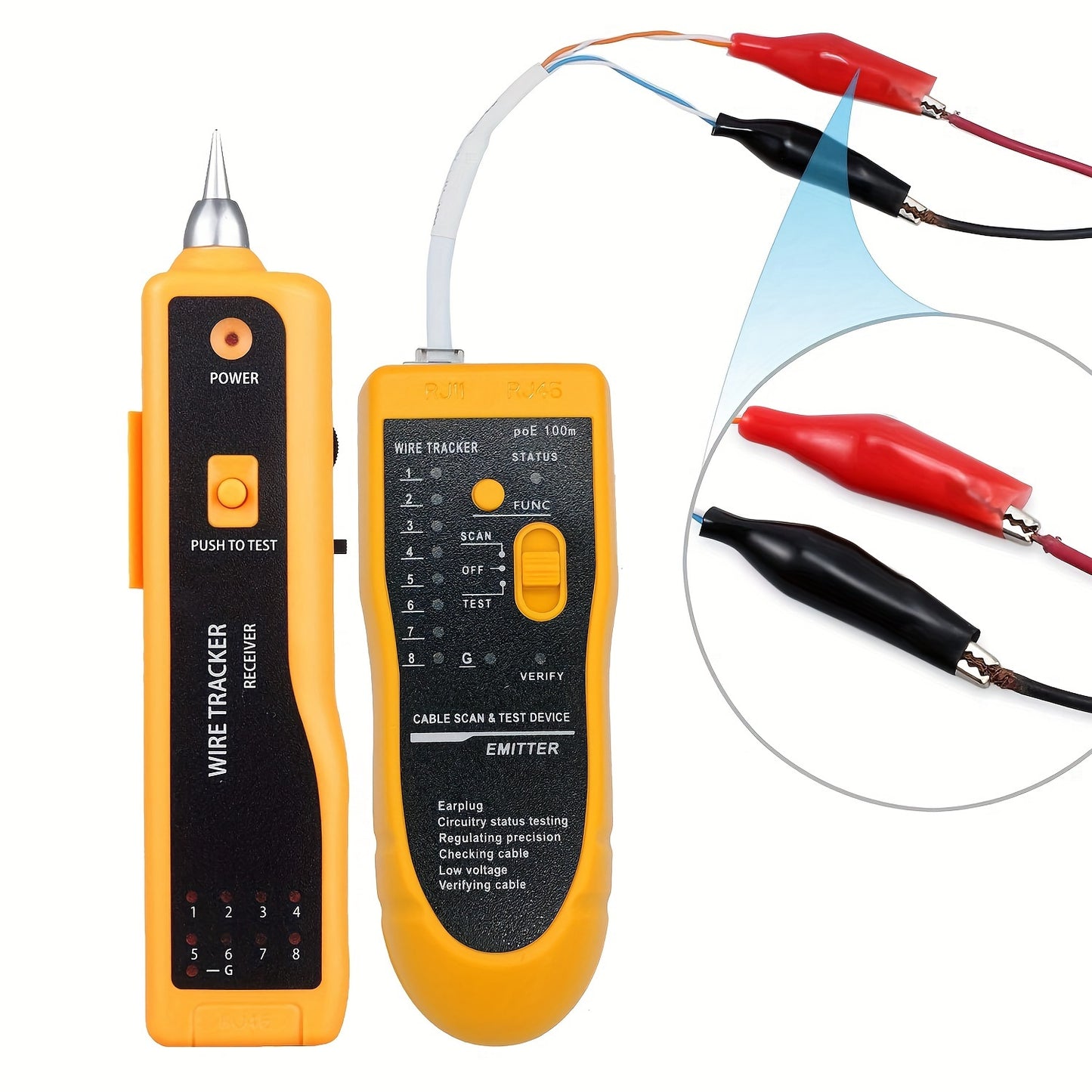 MythTiger Handheld Cable Tester for LAN, phone, internet, video, and data cables. Features automatic tone inspection, headset jack, and RJ45/RJ11 sockets. Battery powered (battery not